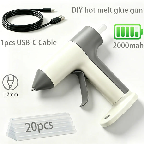 A white and gray cordless hot melt glue gun with a USB-C cable and 20 pieces of glue sticks.