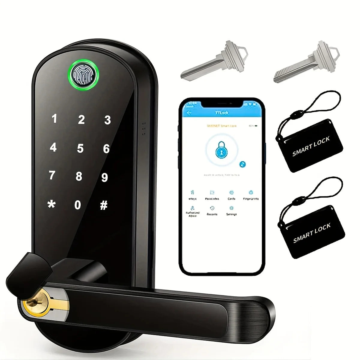 A black smart fingerprint door lock device shown with a keypad, keys, and smartphone interface for keyless access.