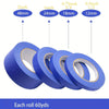 Rolls of blue painter's masking tape in various widths including 2 inch, 1 inch, 3/4 inch, and 1/2 inch.