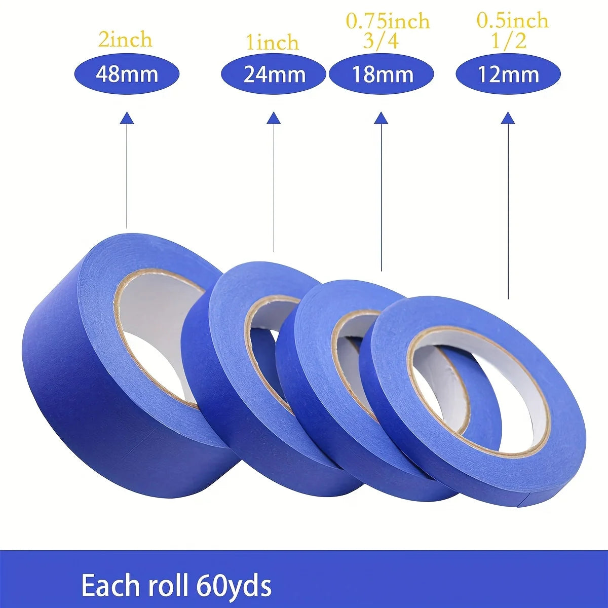 Rolls of blue painter's masking tape in various widths including 2 inch, 1 inch, 3/4 inch, and 1/2 inch.