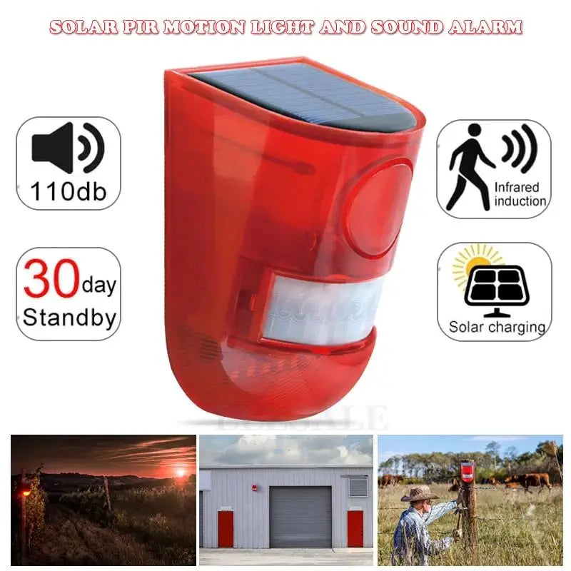 A red solar PIR motion light and sound alarm device shown with various features like 110db sound, 30-day standby, and solar c