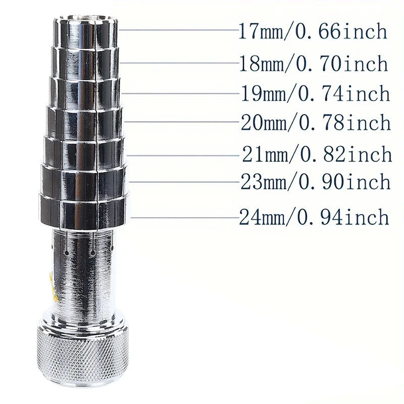 A professional ring stretcher and expander tool with various sizes ranging from 17mm to 24mm.
