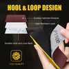 A hand holds a tool demonstrating a hool and loop design for a durable abrasive layer.