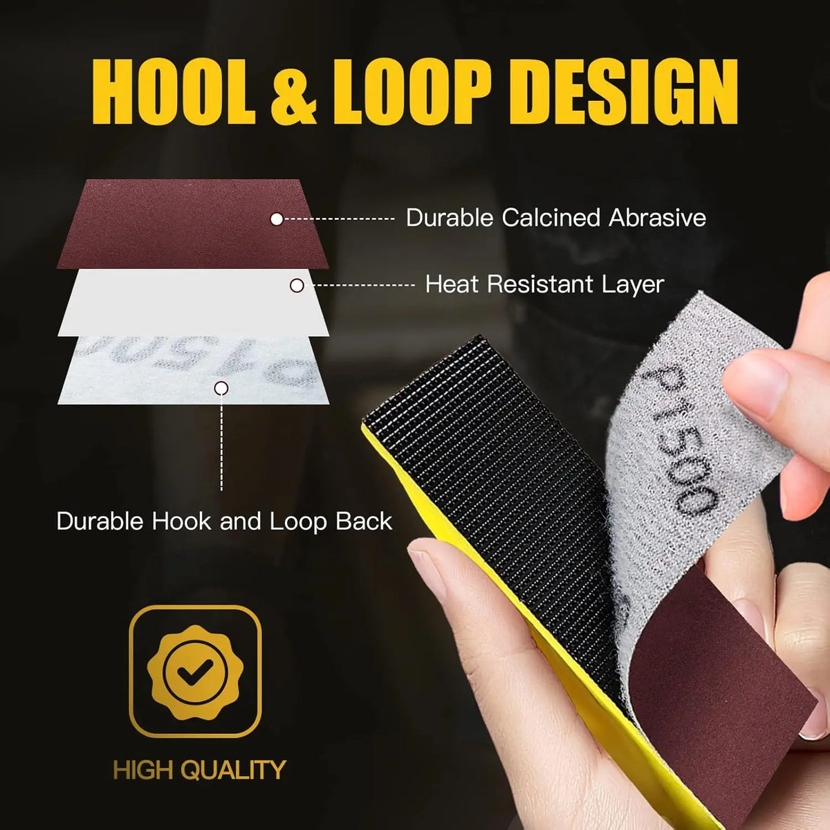 A hand holds a tool demonstrating a hool and loop design for a durable abrasive layer.