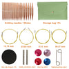 A set of aluminum knitting and crochet needles, storage bags, and various sized round needles.