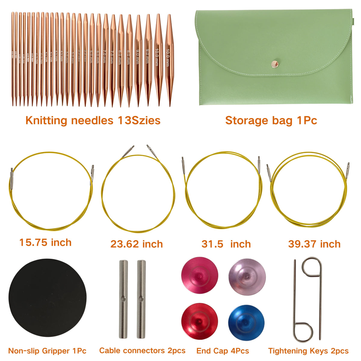 A set of aluminum knitting and crochet needles, storage bags, and various sized round needles.