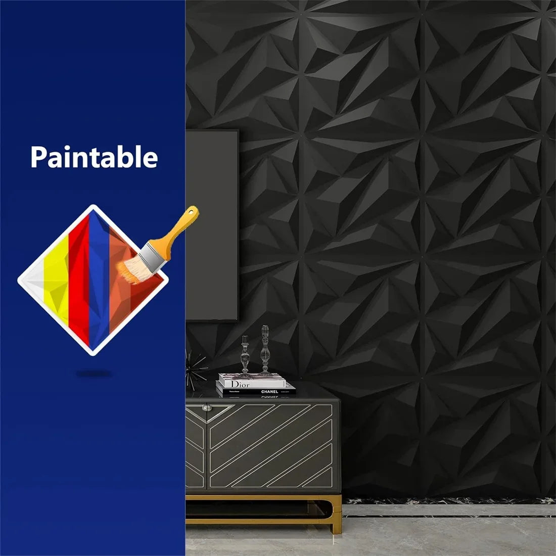 A dark gray, geometric patterned wall panel is shown next to a gold shelf and a paintable swatch.