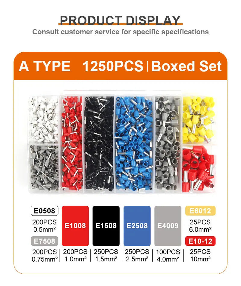 A type 1250 pieces boxed set of various metal crimp terminals in silver, red, black, blue, and yellow colors