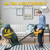 A person is operating an ultra lightweight body one-hand operation cordless vacuum cleaner, weighing 1.6 lbs, indoors.