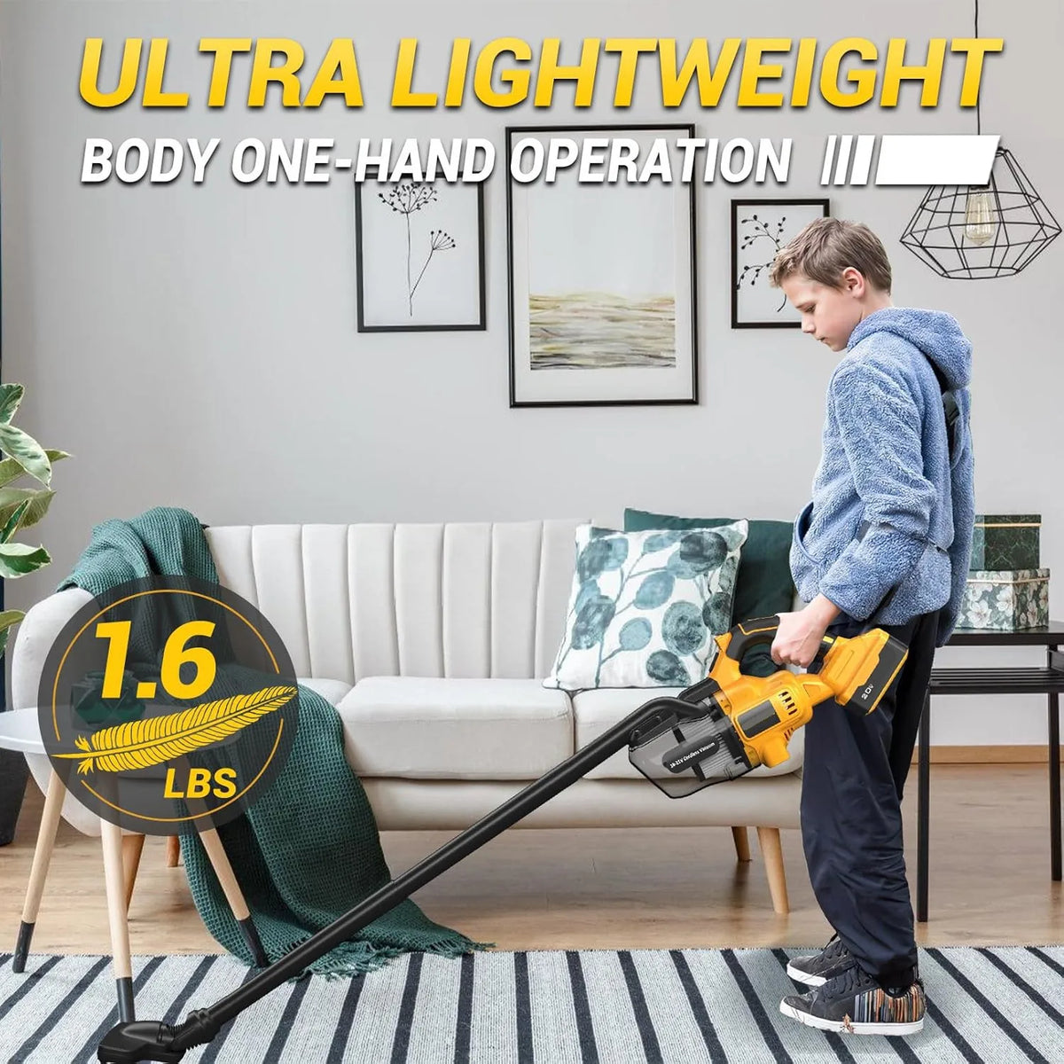 A person is operating an ultra lightweight body one-hand operation cordless vacuum cleaner, weighing 1.6 lbs, indoors.