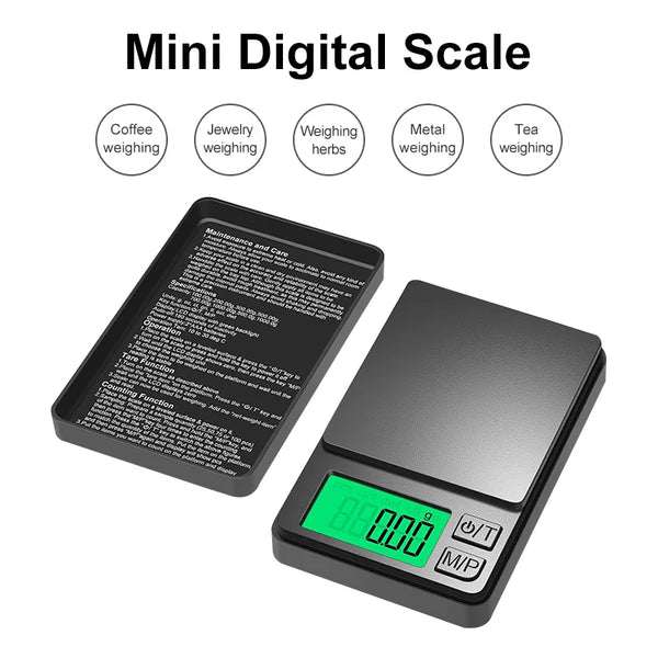 A black mini digital scale with a green display is shown next to icons indicating various weighing functions.