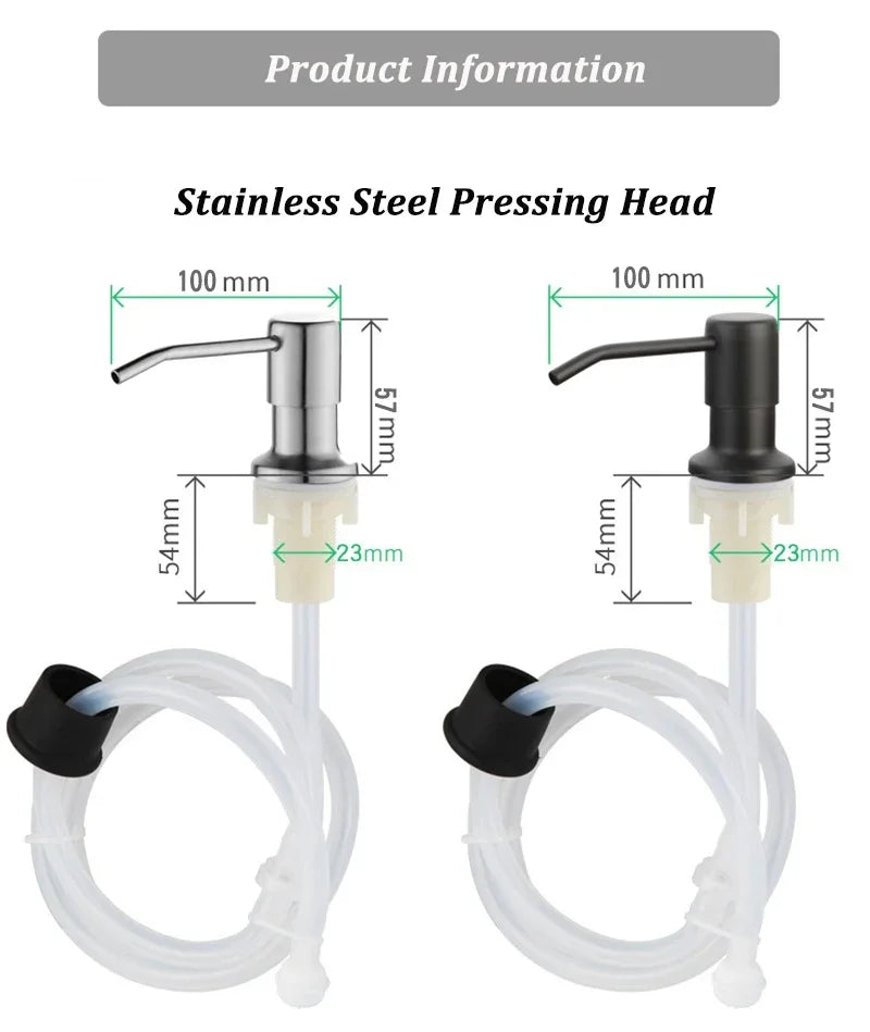 Stainless steel pressing head with a clear tube and plastic connector for soap dispensing