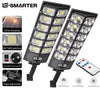 A black solar powered LED motion sensor outdoor garden light with adjustable angle and IP65 waterproof rating.