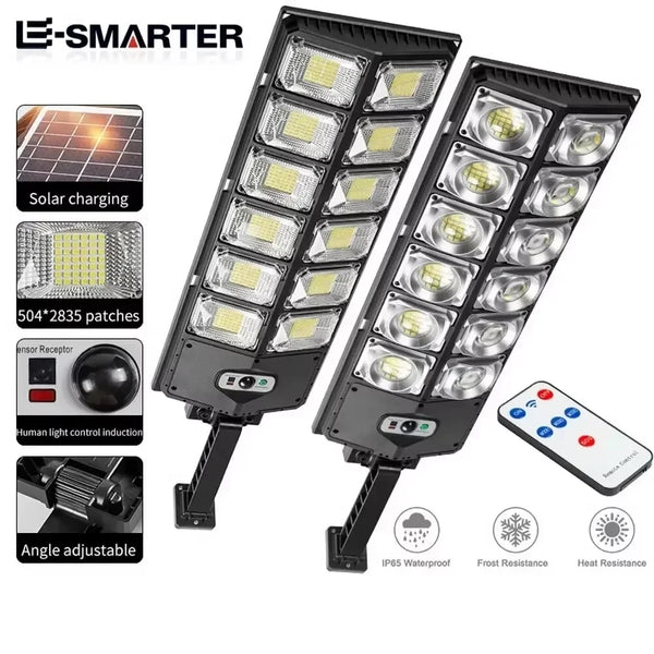 A black solar powered LED motion sensor outdoor garden light with adjustable angle and IP65 waterproof rating.