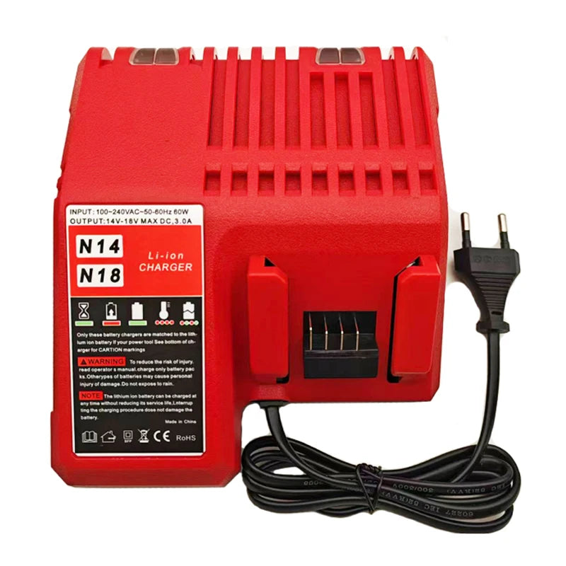 Red battery charger unit with input and output ports for 14V lithium-ion batteries