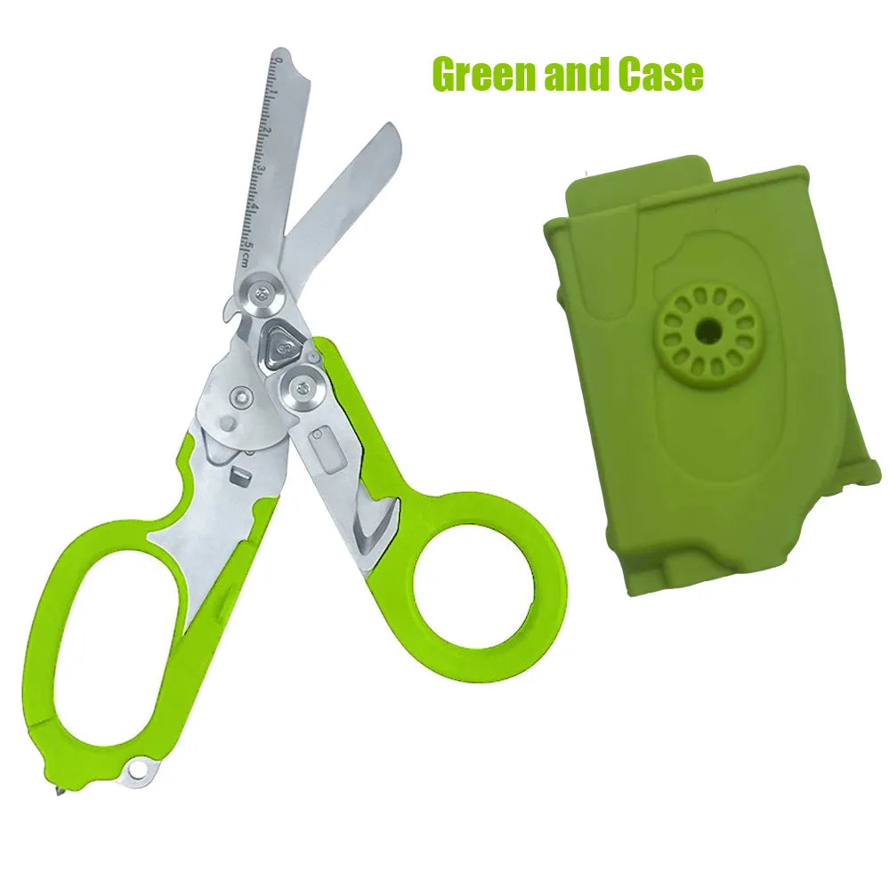 Green tactical folding rescue scissors with a green plastic case