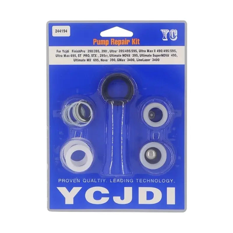 A blue plastic kit containing various pump repair rods and accessories for airless spraying machines.