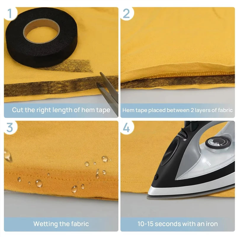 Four steps showing how to use iron-on hemming tape for fabric edging, including cutting the tape and wetting the fabric.