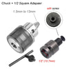 A silver drill chuck adapter with a screw and a 1/2 inch hexagonal key is shown.
