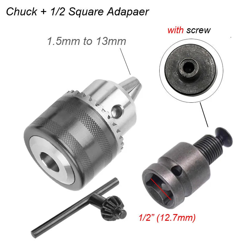 A silver drill chuck adapter with a screw and a 1/2 inch hexagonal key is shown.