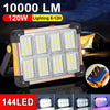 A powerful rechargeable solar LED flood light panel with 144 LEDs is shown against a dark sky.