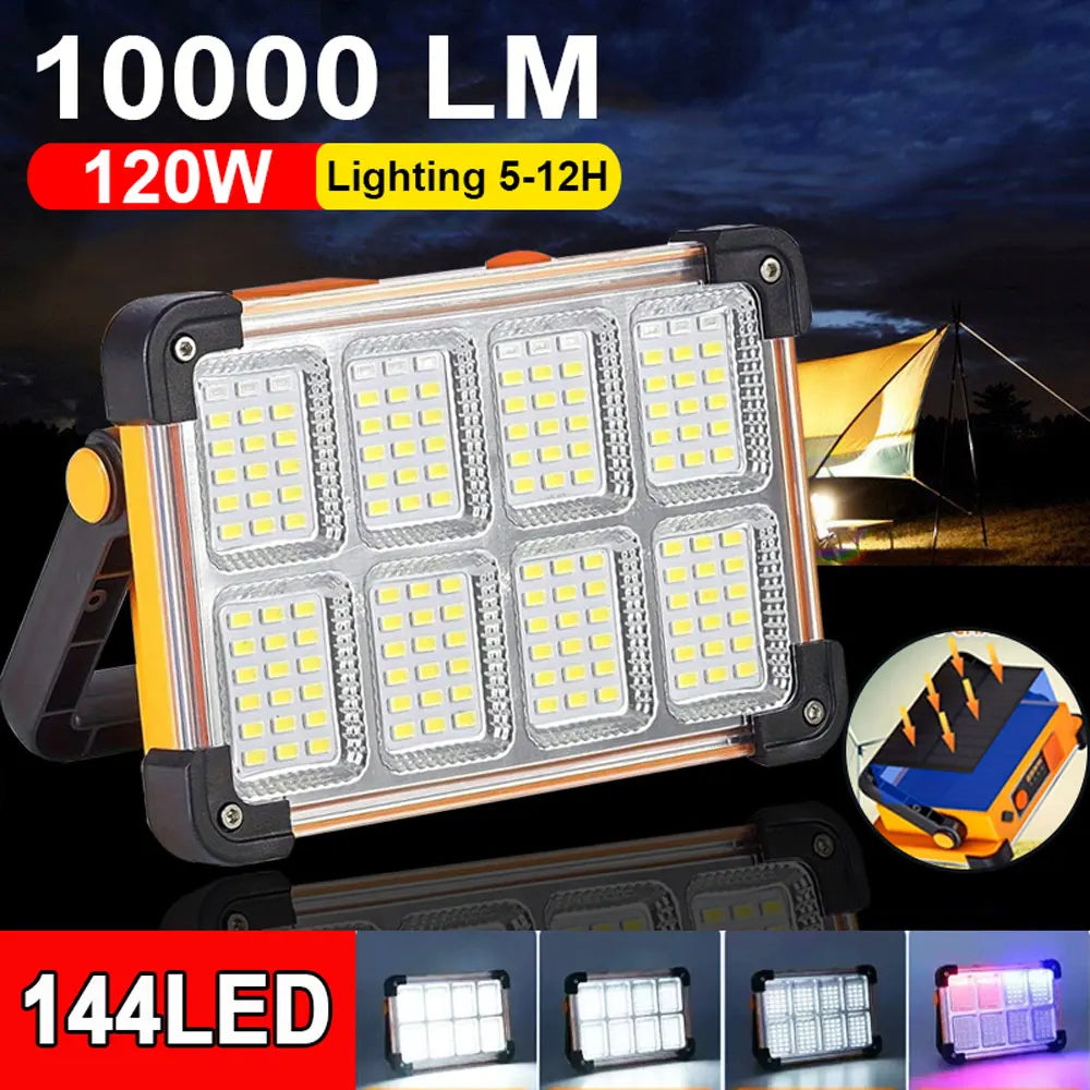 A powerful rechargeable solar LED flood light panel with 144 LEDs is shown against a dark sky.
