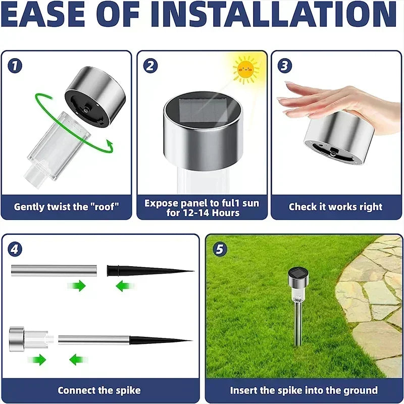 Five steps showing how to install a solar powered outdoor pathway light by twisting, exposing to sun, and inserting the spike