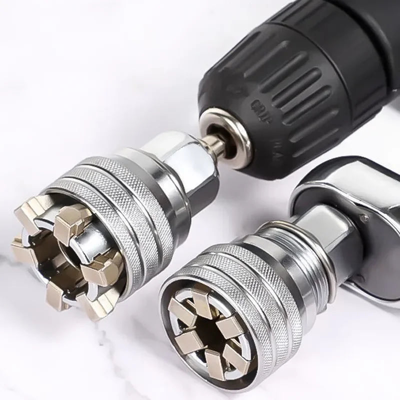 A set of adjustable universal socket wrenches with black and silver components shown in close-up.