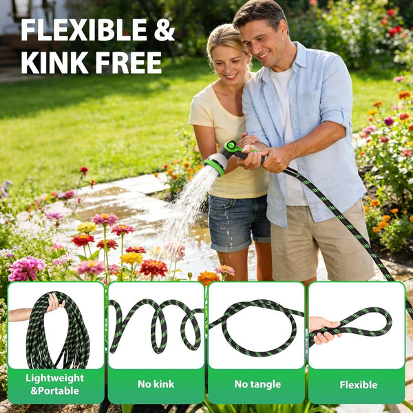 A man and woman are using a flexible, kink-free garden hose for watering plants outdoors.