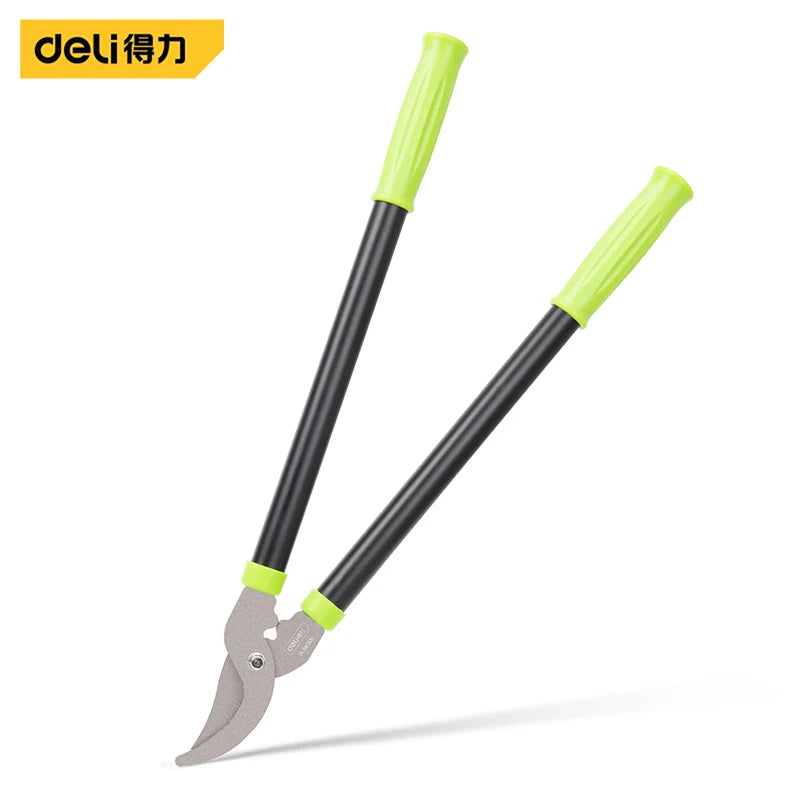 A pair of professional alloy pruning shears with black handles and lime green grips.