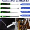 A set of precision pick and hook tools including combination, hook, straight, and 90 degree picks used for automotive work.