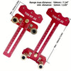 A red precision thin rip jig for a table saw, showing minimum and maximum distance measurements.