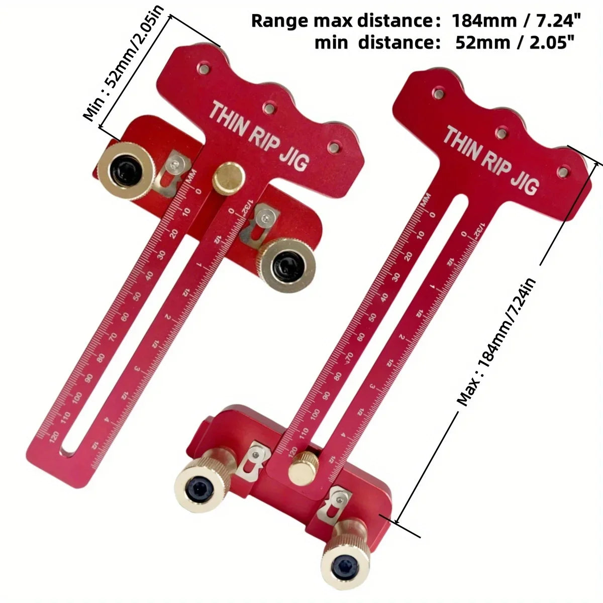 A red precision thin rip jig for a table saw, showing minimum and maximum distance measurements.