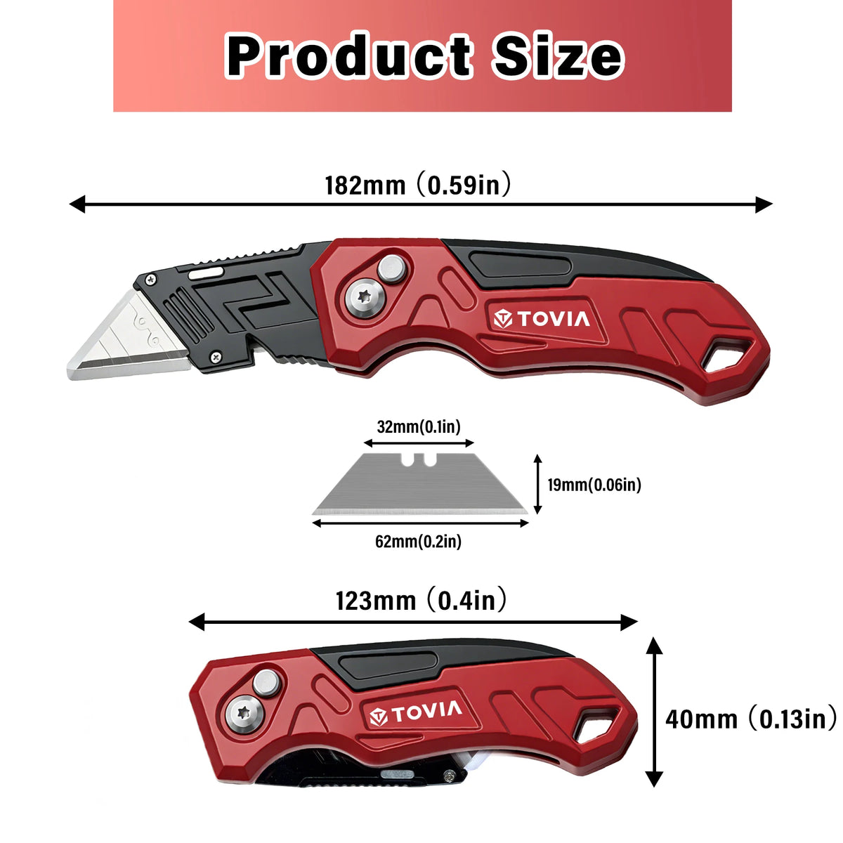 A red and black retractable utility knife is shown with its blade storage mechanism and dimensions.