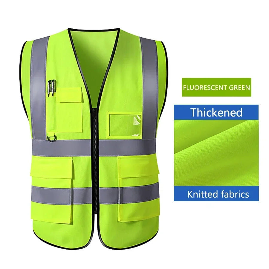 A bright fluorescent green high-visibility safety vest with reflective stripes and a zippered front.