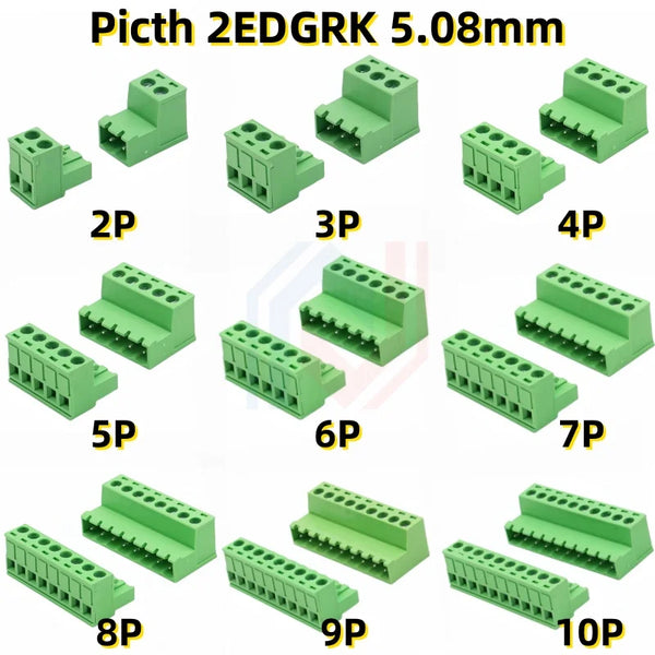 A set of green plastic docking terminal block connectors numbered 2P through 10P, measuring 5.08mm.