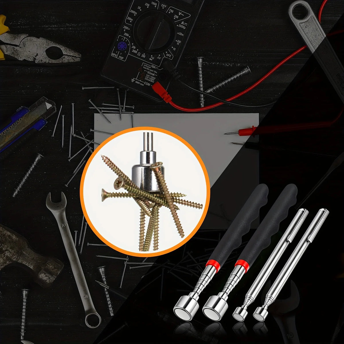 A set of telescopic magnetic grippers and tools displayed on a dark surface.