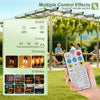 A hand holds a smartphone displaying controls for multiple effects on shatterproof solar string lights.