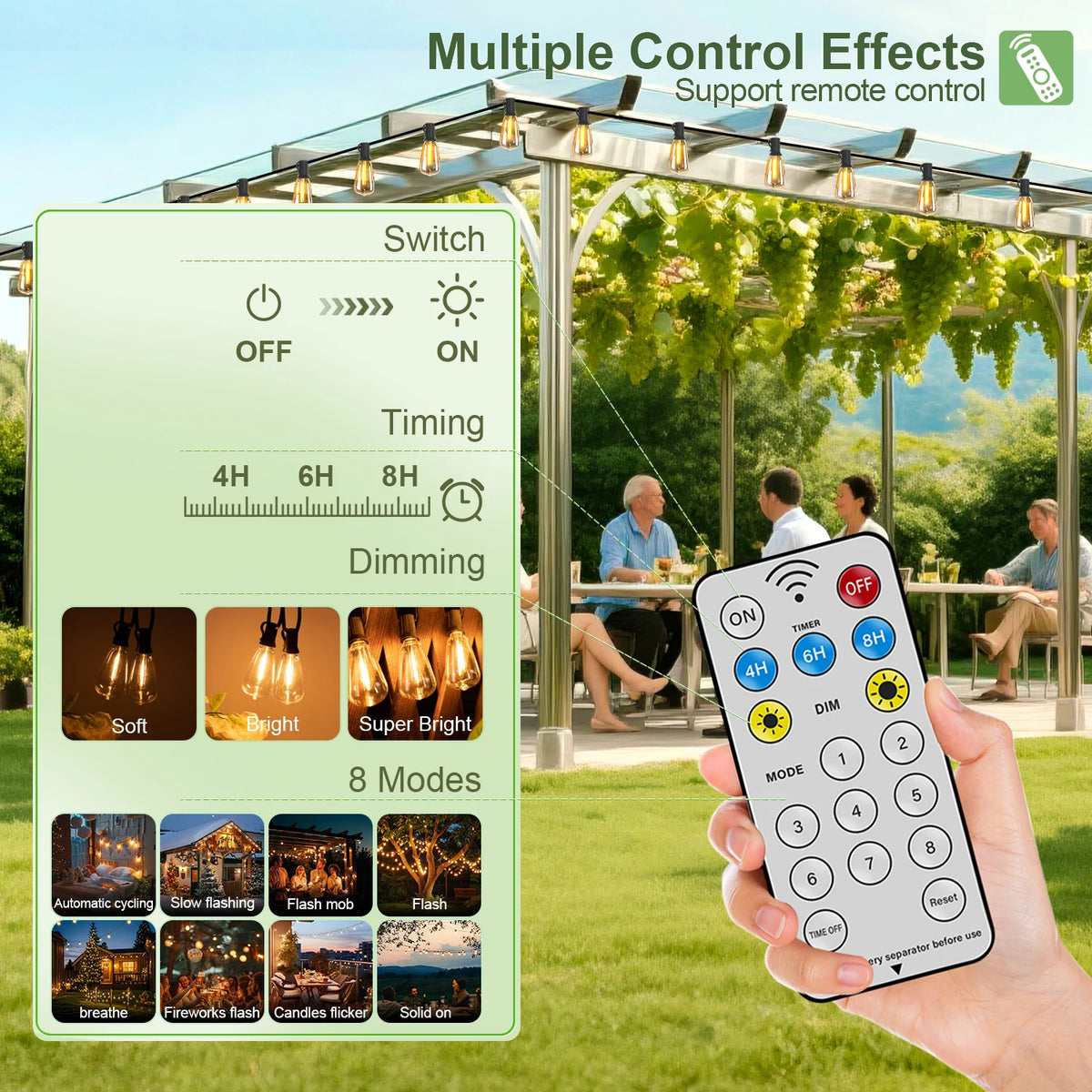 A hand holds a smartphone displaying controls for multiple effects on shatterproof solar string lights.