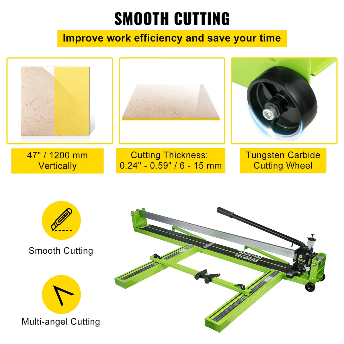A green manual tile cutter machine with a tungsten carbide cutting wheel, demonstrating smooth and multi-angle cutting capabi