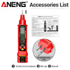 Aneng accessories list showing a red multi-function AC/DC voltage tester, nib cap, and manual.