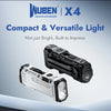 A black Wuben X4 tactical LED flashlight is shown against a gray background.