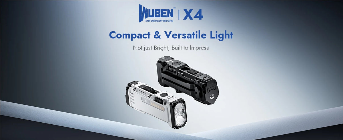 A black Wuben X4 tactical LED flashlight is shown against a gray background.