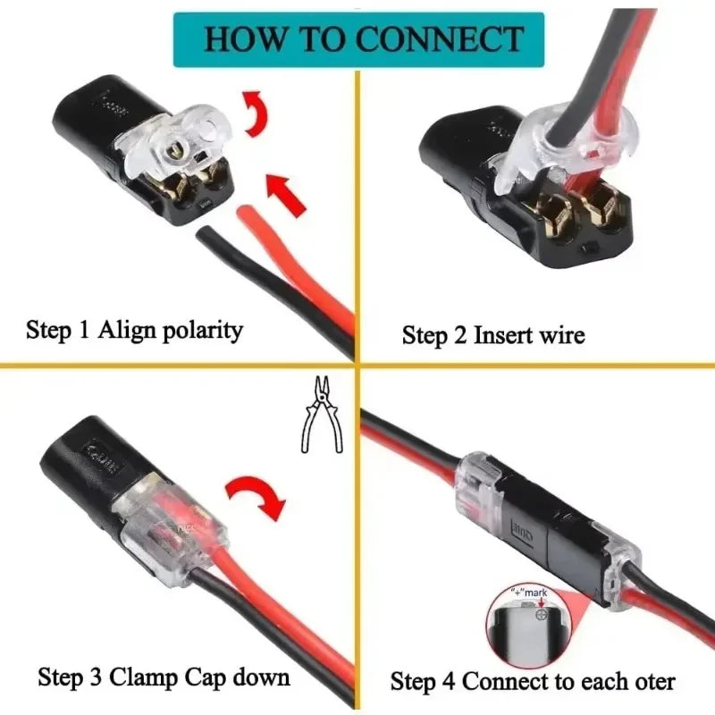 Diagram showing four steps to connect a universal double-wire LED plug connector