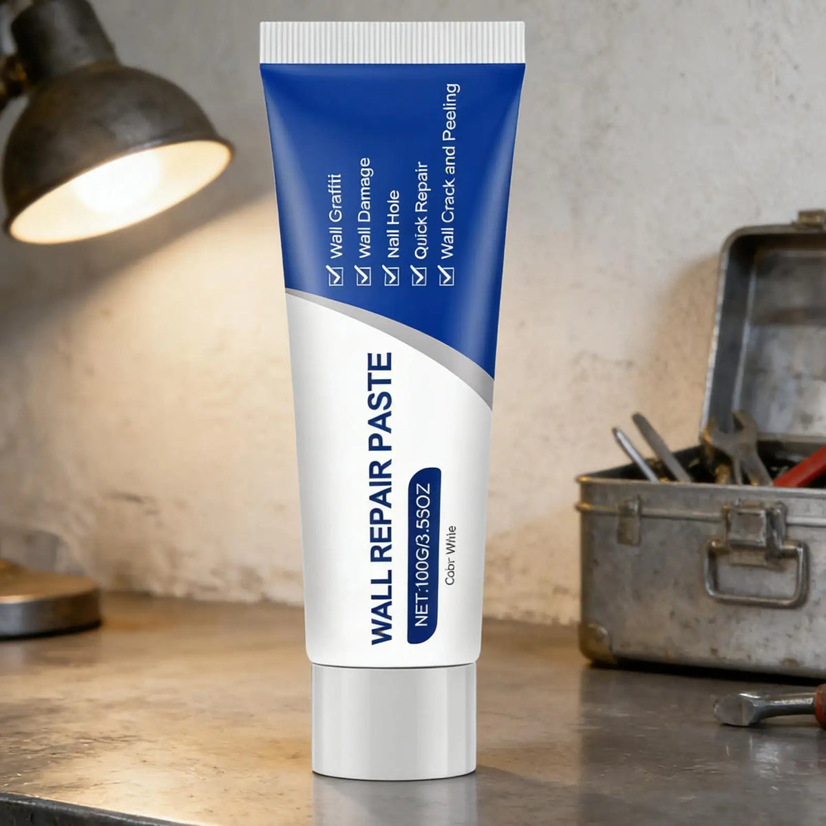 A tube of Wall Repair Paste for drywall damage, showing various repair options like nail hole and crack repair.