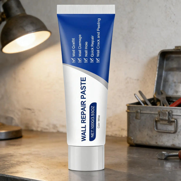 Tube Reparaturpaste für Trockenbau-Schäden, zeigt verschiedene Reparaturoptionen wie Nagel- und Rissreparatur.