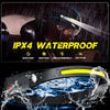 A black headlamp is shown being tested for waterproof and snowproof features under water spray.