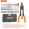 A set of various rivet nut tools and accessories including a large orange clamp and a black carrying case