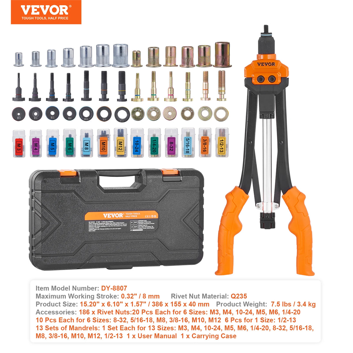 A set of various rivet nut tools and accessories including a large orange clamp and a black carrying case