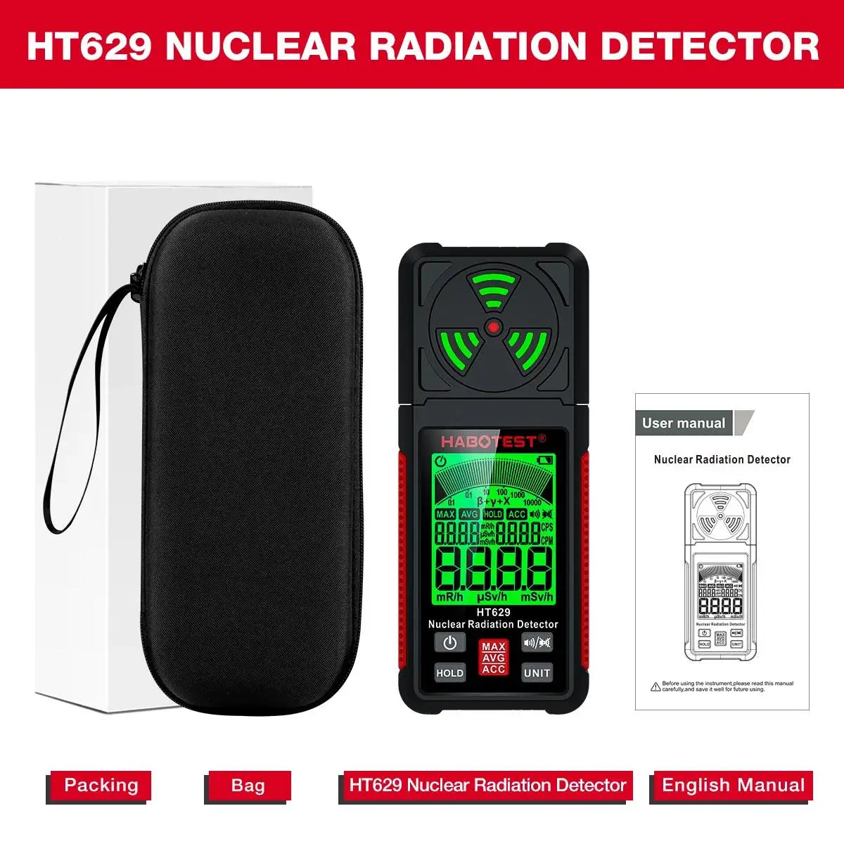 Detector de radiación nuclear portátil HT629 negro con funda y manual de usuario.
